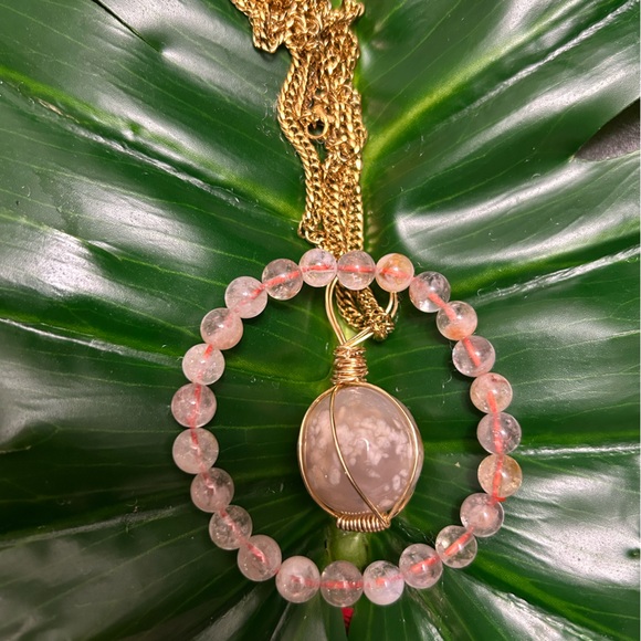 FLOWER AGATE wire wrap crystal sphere necklace & bracelet stainless steel set